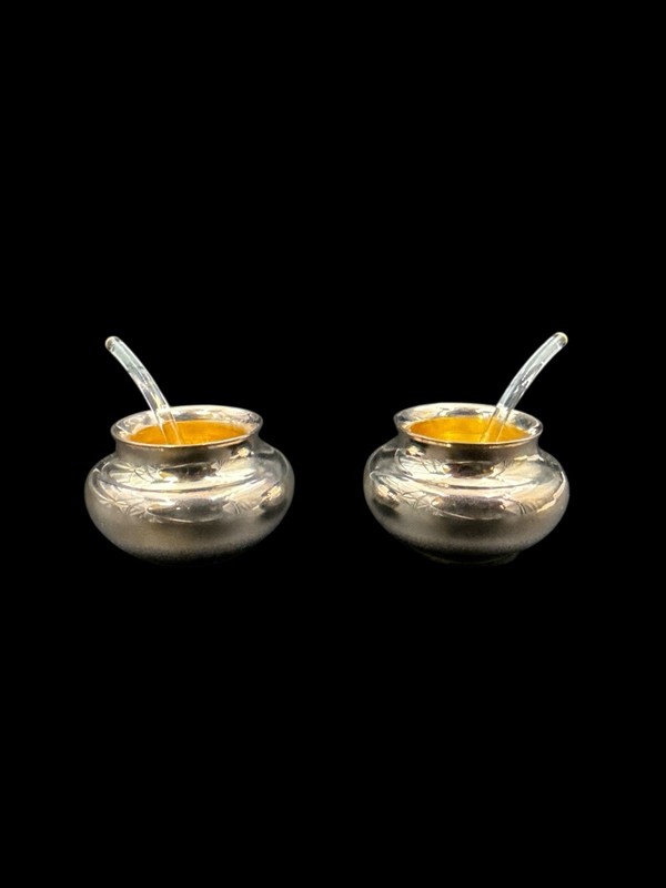 Puiforcat Silver Plated Pair of Open Salt Cellars With Crystal Spoons ,118g Each