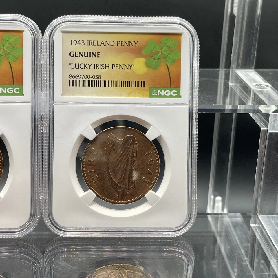 1942 1943 Irlanda Penny Genuino Lucky Irish Penny Juego de tres monedas Certificado NGC Foto 4 de 4