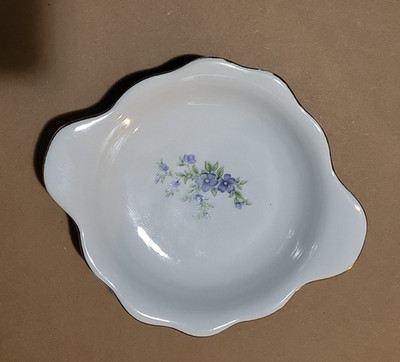 Vintage Porcelain Bowl Gold Trim Scalloped Tab Handles Forget Me Nots Center #57