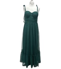 Summer Boho Green Maxi Dress Size 12 Tie Shoulder & Mesh Overlay Ruffle Hem