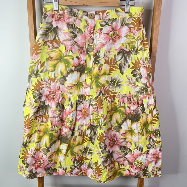 Zara Skirt Womens Large Yellow Floral Button Front Tiered Knee Length A-Line