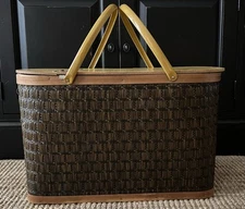 Vintage Hawkeye Burlington Woven Picnic Basket Wood Lid Brass Leg Pie Stand