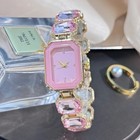 1pc Women Rhinestone Chain Watch Rectangular Dial Fashion Quartz Wristwatch Gift