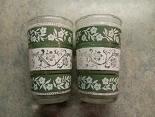 Libbey Green & White Floral Small Juice Glasses Set of 2 Vintage 