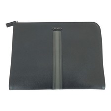 Prada Saffiano Leather L-Zip Clutch Men Black One Size