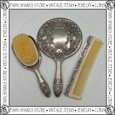 Vintage Silver-Plated Vanity Set, Ornate Hand Mirror, Brush and Comb Art