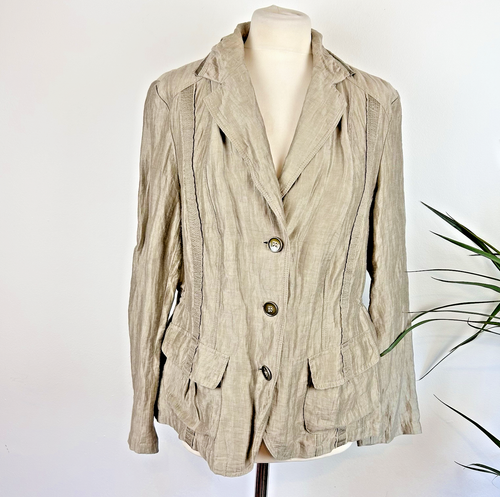 Bonita Jacket UK 16 44 Brown Khaki Flax Linen Adjustable Waist Slouch Pockets