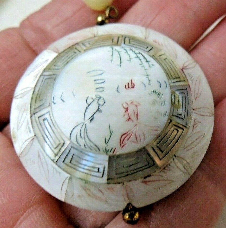 Vintage Inlaid Mother of Pearl Etched Inked Koi Fish & Floral Pendant 2 Sided 