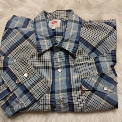 Levi's Men Medium Pearl Snap Western Shirt Blues Plaid Long Sleeve Cowboy M