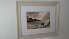 Original seascape watercolour lovely sky ,birds ,boats nice frame