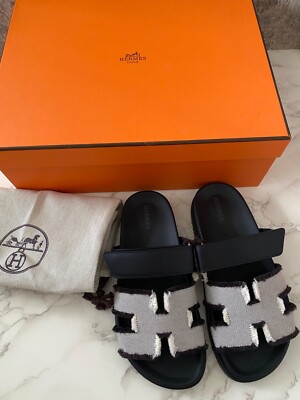 New Authentic HERMES Chypre Sandal Mules Slides Shoes Flats Black Noir Cotton 38