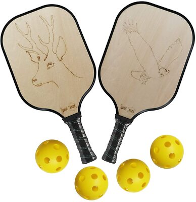 Panel Sound Pickle-ball 2 Paddle's Set Deer Eagle 4 Balls Edge Guard Grip Wood