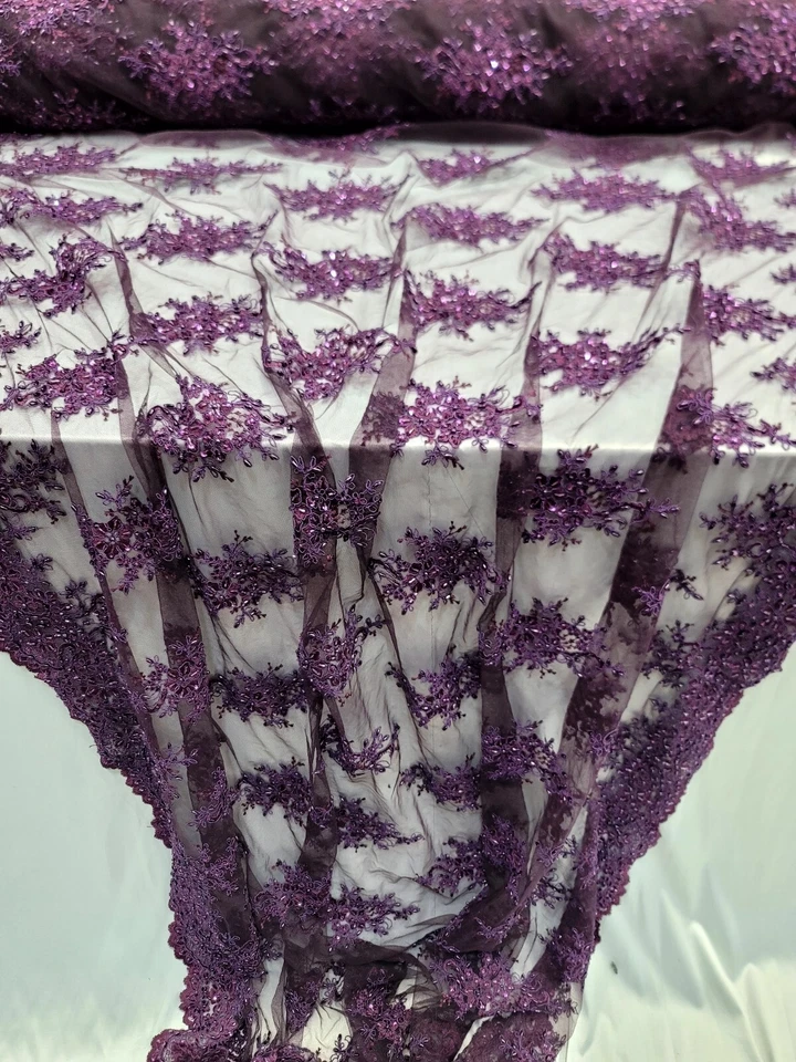 Purple Beaded Sequins Embroidery Bridal Lace Fabric 50” W Sold By The Yard - Image 2 of 4