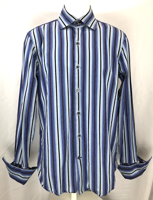 banana republic french cuff dress shirt Banana Republic Fitted Blue Yellow Striped French Cuff Dress Shirt L 16-16 1/2