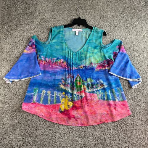 Leoma Lovegrove Tunic Womens XL Cold Shoulder Sleeve Tasseled Ruched Top