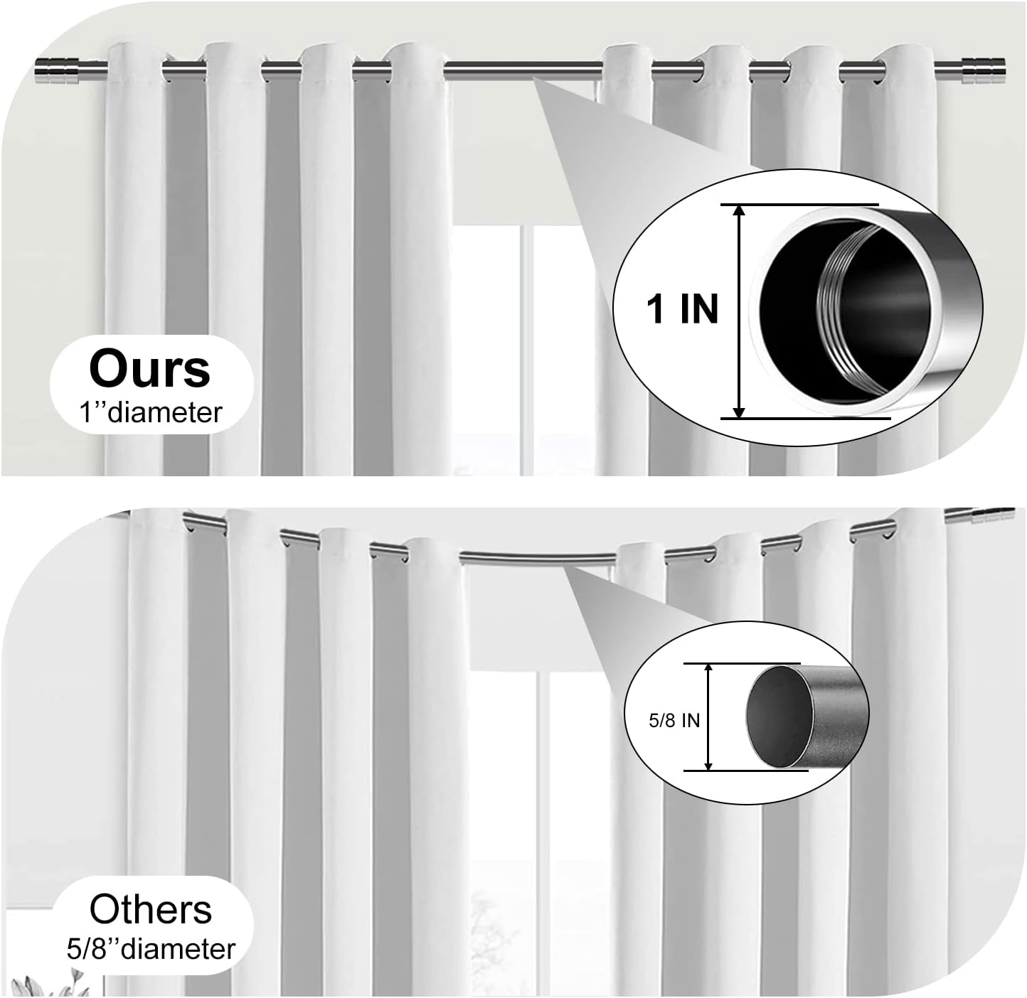 Extra Long Curtain Rods for Windows 66 to 120, 1" Metal Silver Heavy