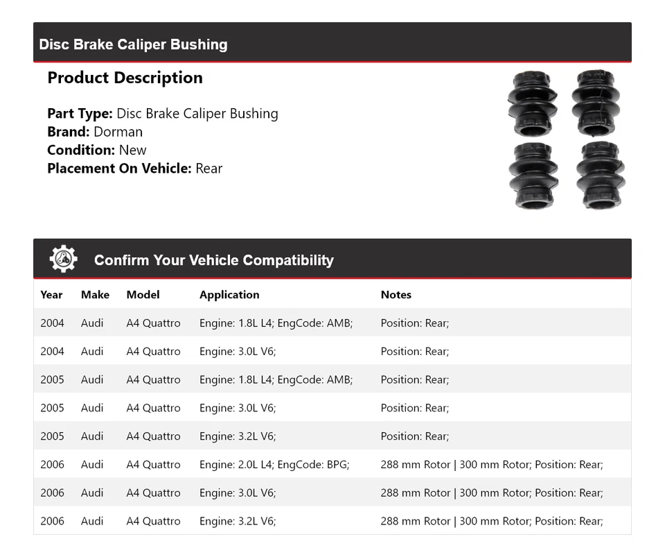 Buje de pinza de freno de disco trasero 2005 para Audi A4 Quattro Dorman 2004-2006 Foto 2 de 4