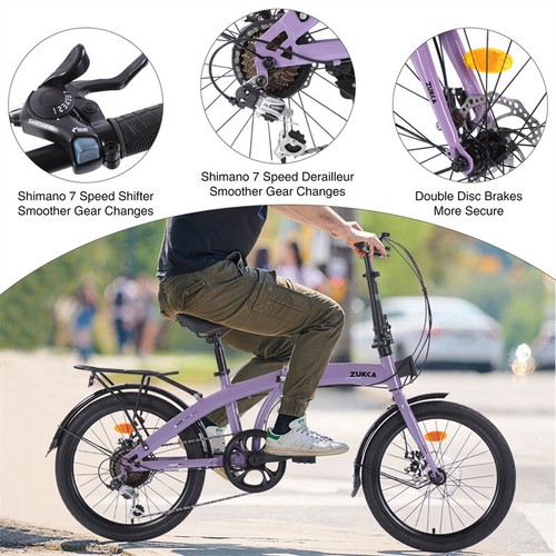 20" Folding Bike Steel Frame Shimano 7 Speed City Bicycle w/Double Disc Brakes - Picture 5 of 6