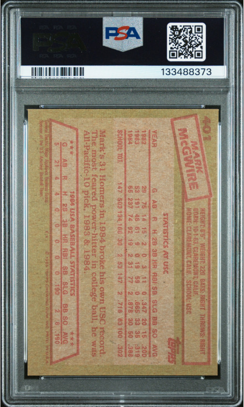 1985 Topps Mark McGwire Signed USA Rookie Baseball Card PSA 7 DNA 10 Certified view 4