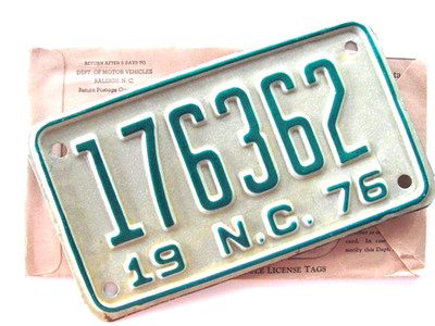 1976 NORTH CAROLINA LICENSE PLATE ''MOTORCYCLE'' NEVER USED NEW 76 IN NUMBERS NICE