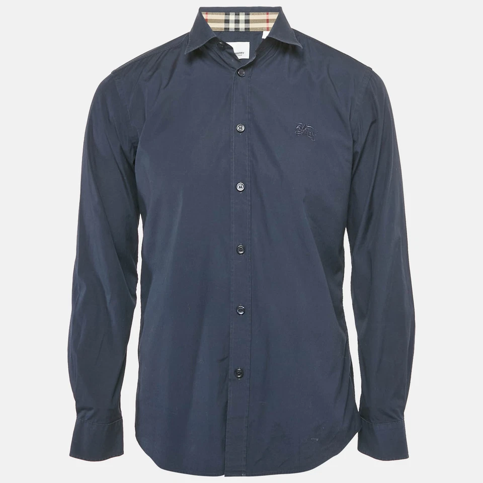 Camisa Burberry Azul Marino Algodón Nova Check Puños Manga Larga M