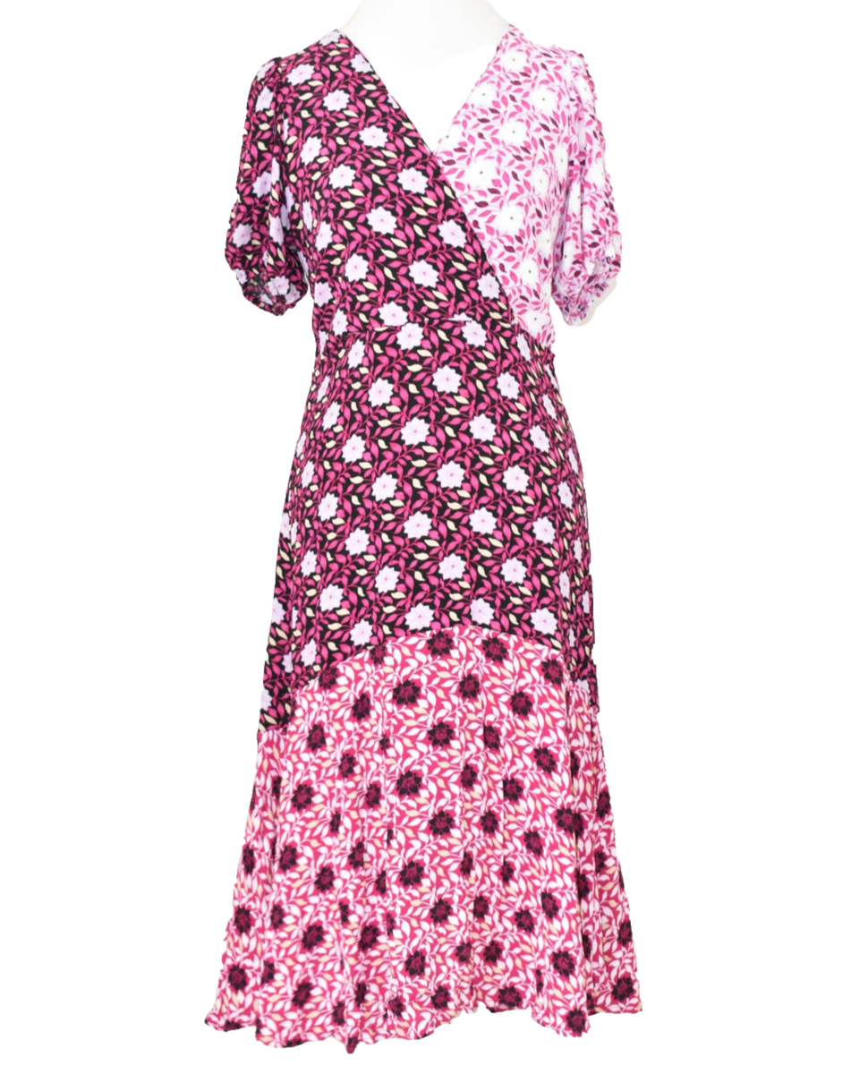Ann Taylor Floral Midi Dress Size 12 Foldover Wrap Top Pink Patchwork | eBay