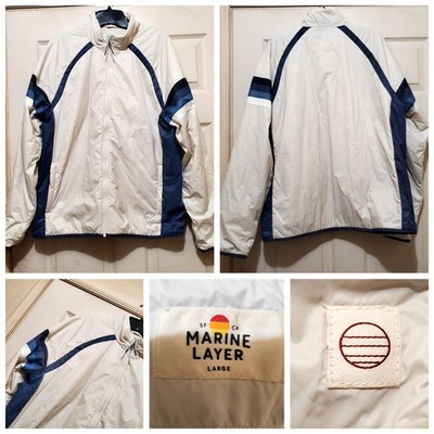Marine Layer Jacket Mens Large White Blue Windbreaker Full Zip Lined Insulated