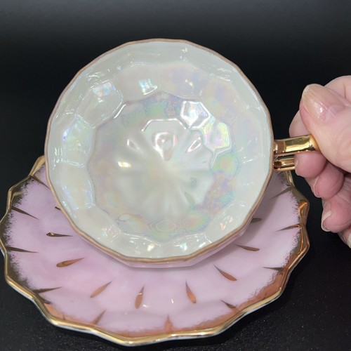 Vintage Royal Sealy Pink Opalescent Lusterware Gold Footed Tea Cup Saucer Japan - Picture 7 of 11