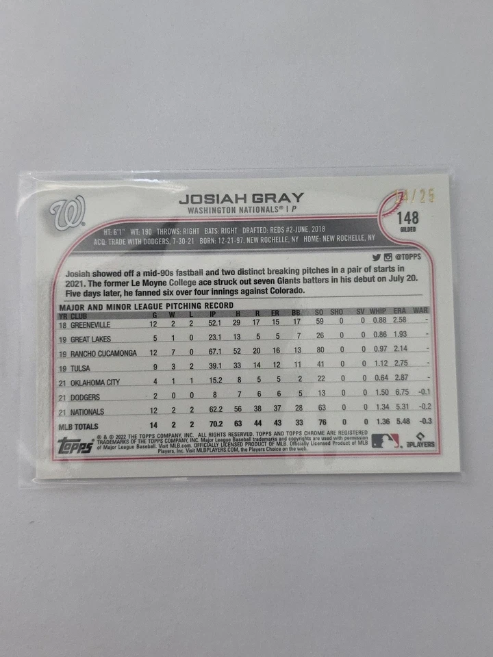 Josiah Gray 2022 Topps Chrome Gilded #148 Rookie GOLD Raywave REFRACTOR /25 - Image 2 of 3