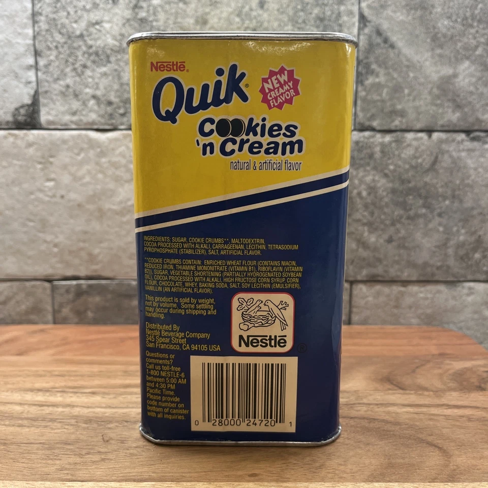 Cartón de cartón de hojalata vintage Nestlé Quik Cookies 'n Cream Bunny 26 oz 1 lb 10 oz Foto 4 de 4