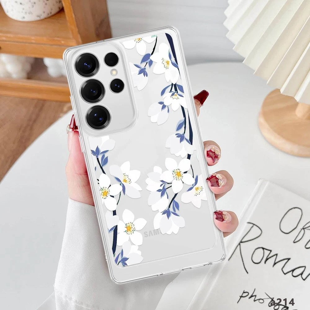 Samsung Galaxy S22 S23 S24 S25 A24 A25 Clear Floral Phone Case Cover  