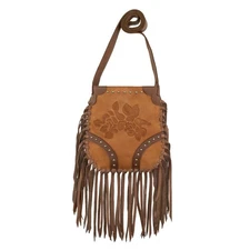 American West Womens Fringed Cowgirl Floral Natural Tan Leather Crossbody Bag OS