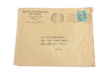 Societe Mathematique De France Paris Dieckmann San Jose CA 1949 Envelope A EE