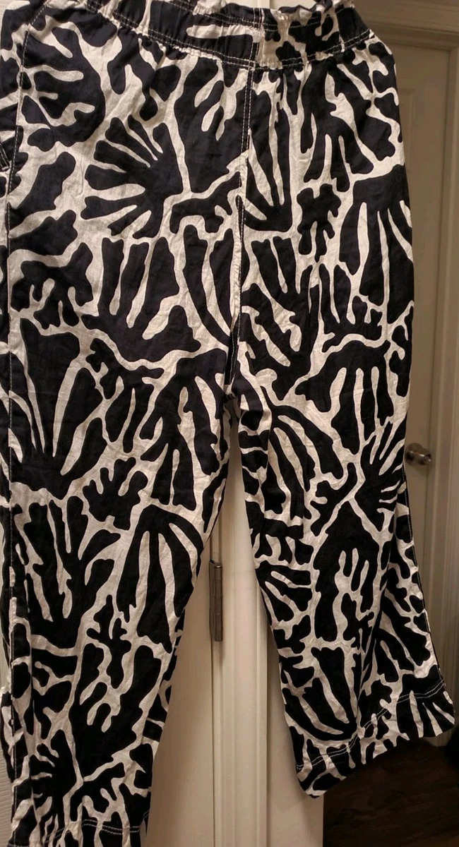 Pantalones al Tobillo H&M Lino Algodón Negro/Blanco Estampado Cebra Cordón Cintura Elástica S
