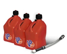 VP Racing 3 Pack Red 5.5 Gallon Square Utility Jugs + 1 Deluxe Fill Hose
