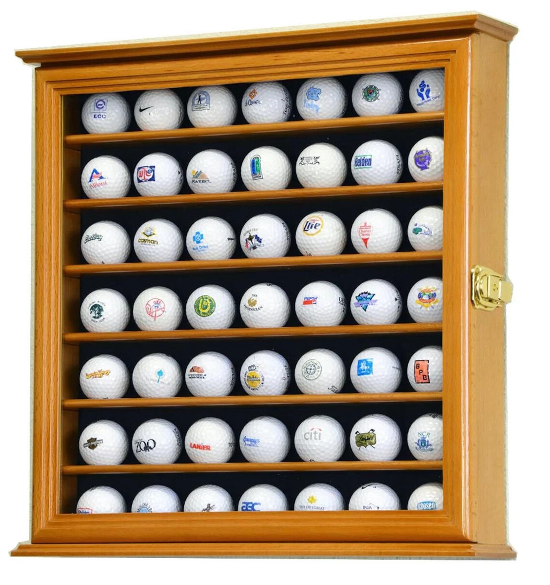 Golf Ball Display Case 49 Pcs Oak PGA Clubhouse Wall Cabinet Rack