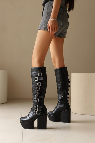 Punk Women Lace Up Combat Rock Platform High Block Heels Ridding Knee High Boots - Picture 12 of 19