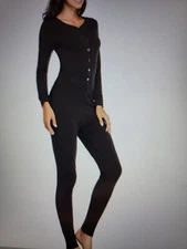 Lusofie Women Large Black Cotton Henley Thermal Underwear Sleepwear Long Johns