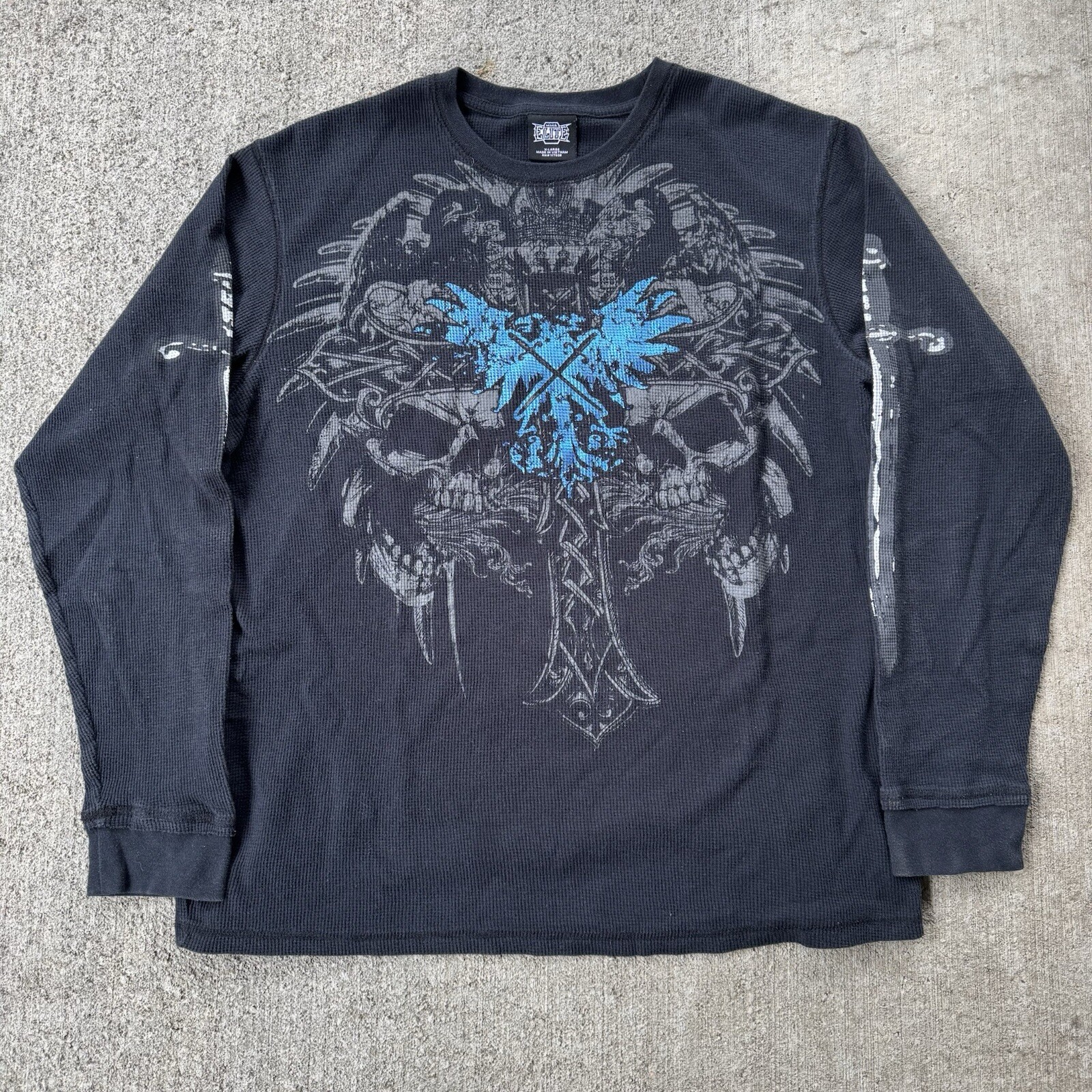 Y2K MMA Elite Shirt Mens XL Waffle Thermal Skull Sword Jesse Pinkman Skate