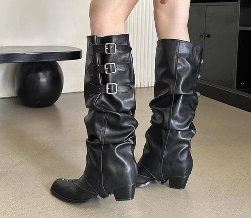 Womens Winter Round Toe Buckle Strap Knee Boots Block Mid Heels Fashion Shoes - Bild 12 von 21