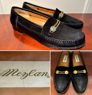 MEZLAN Size 9 Black Suede/Leather Gold-Coin Loafers  display picture 3
