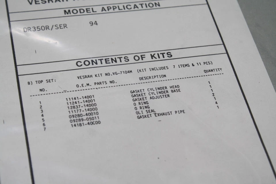 1994 (90-99) SUZUKI DR350 DR350R SER TOP END GASKET SET KIT VESRAH MADE IN JAPAN - Image 4 of 4