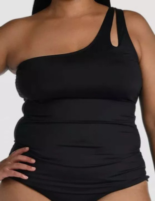 La Blanca Women's Black Island Goddess One Shoulder Keyhole Tankini Top 16W New
