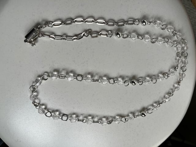 Vintage String of Beveled Clear Glass and Silver Tone Beads on Silver Tone Chain