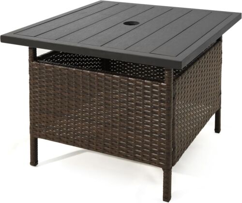 Outdoor Wicker Table, Rattan Coffee Table with Umbrella Insert Hole, HDPE Tablet