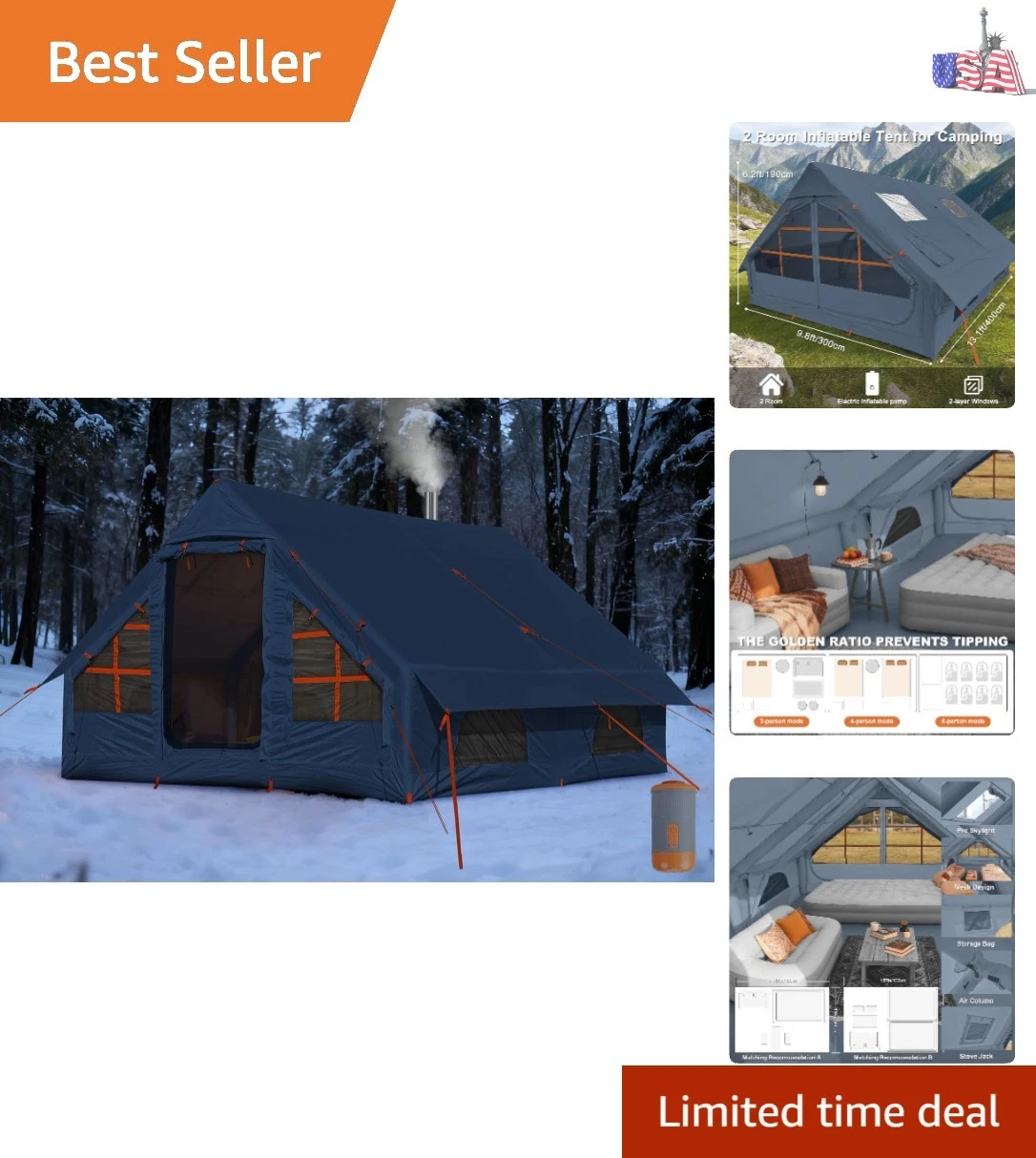 Waterproof Inflatable Glamping Tent for Up to 10 - Perfect for All Seasons
