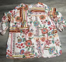 Halston Shirt Womens 2X Multicolor Floral Linen Button Front Boho Top Blouse