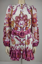 Farm Rio Sunset Tapestry purple orange beaded belt long sleeve dress Small