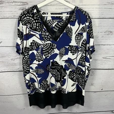 Marks & Spencer Top Women's Size 20 Blue Black Cream Print Short Sleeves V Neck