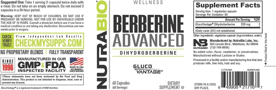 Suplemento Avanzado de Berberina NutraBio - Apoyo a la Tolerancia a Carbohidratos - 60ct. Foto 3 de 4
